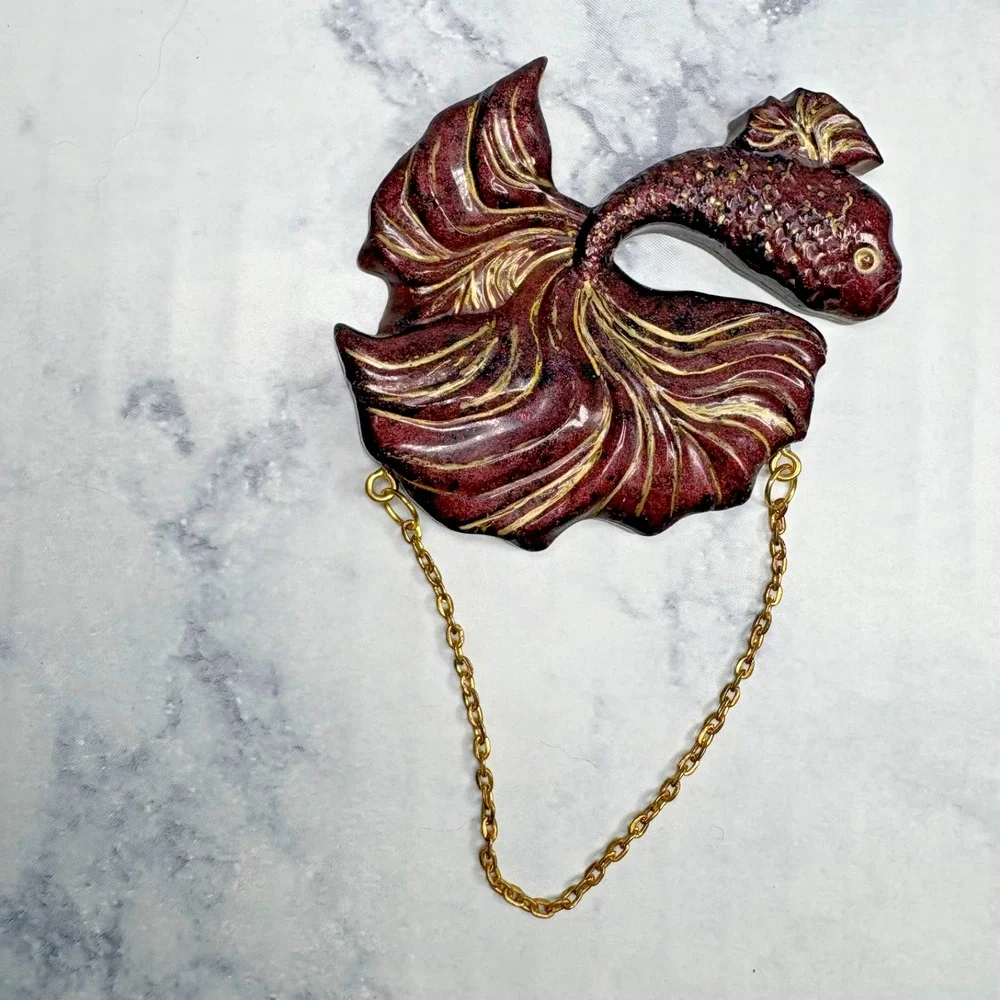 Lucky Antique Chinese Gold Filigree Hand Painted Red Vtg Resin Koi Fish w Chain